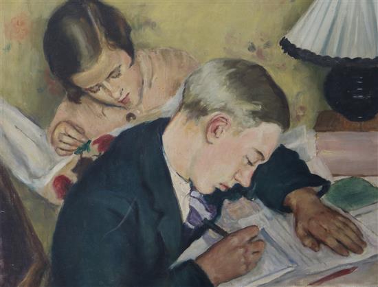 Bert Goodall Girl at a piano and children doing homework 65 x 81cm and 81 x 62cm, unframed